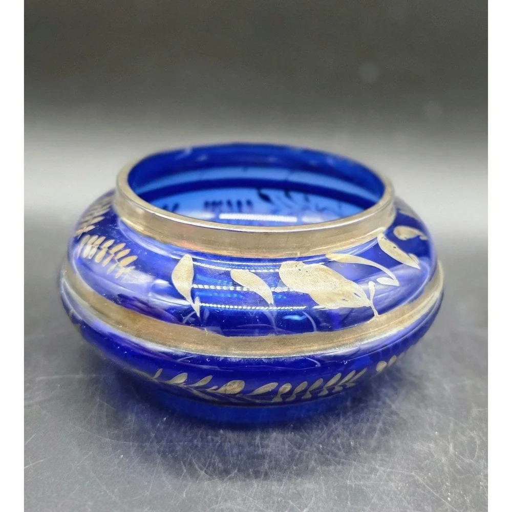 Vintage Cobalt Blue Italian Art Glass Silver Overlay Candy Dish Bowl 6
